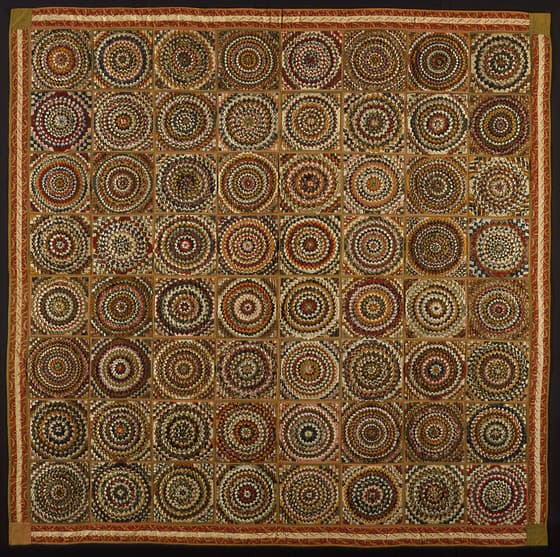 Quilt, 'Bullseye' 
 Martha Lou Jones (United States, active last quarter of the 19th century) 
 United States, Louisiana, Ruston, 1896 
 Textiles; textile samples 
 Folded, basted, and pieced cotton 
 82 x 82 5/16 in. (208.28 x 208.92 cm) 
 Given in memory of Maysie Effie Gayle (AC1992.176.1) 
 Costume and Textiles 
 The Los Angeles County Museum of Art 
 Not currently on public view